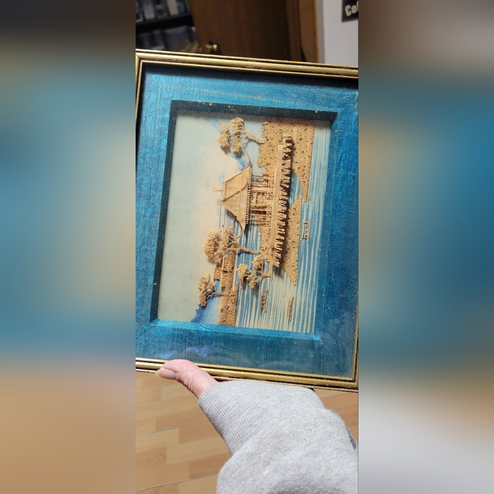 3D Wooden Landscape Art in Blue Frame Antique
